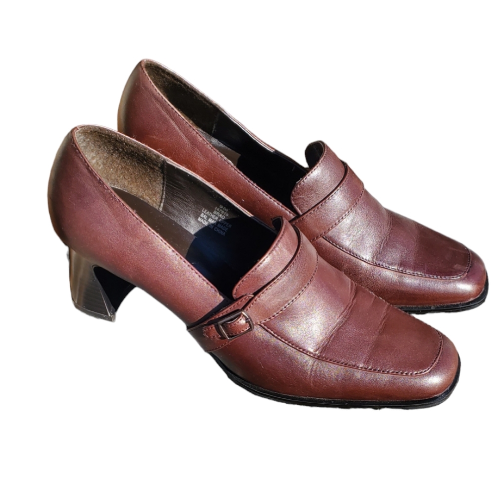 🦜 2/$10 Maripe Brad Leather Brown Heels Shoes. Size 9M - Picture 2 of 5